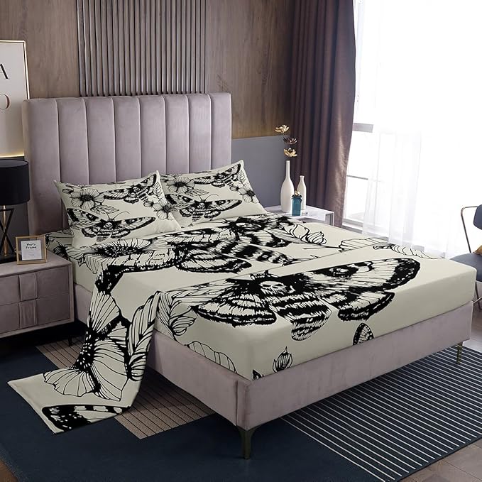 Feelyou Gothic Skull Bedding Set Decorative Death Moth and Flowers Sheet Set Queen Size for Kids Teens Adults Bedroom Decor Breathable Pesonalized Skeleton Bones Bed Sheet Set Black Cream Bed Sheets