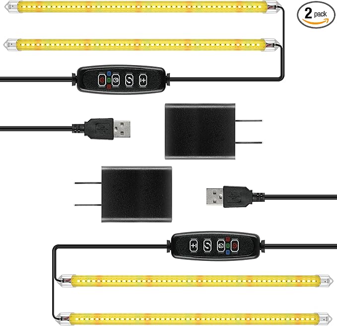iPower 2Pack 20W LED Grow Lights with Full Spectrum Plant Growing Light Strips for Indoor Plant with Auto ON/Off 3/9/12H Timer, 10 Dimmable Levels 48 LEDs Per Tude, 2 Tubes, Yellow