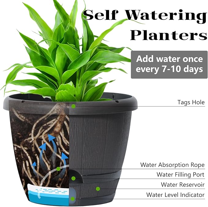 Sun-E 10 Inch Self Watering Planters 3-Pack - Rustic Whiskey Barrel Flower Pots with Water Level Indicator & Drainage, Farmhouse Decor for Indoor Outdoor Plants (Dark Brown Wood Grain)