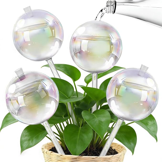 20oz Total Glass Watering Globes (4 Pack, 5oz/150ml Each), Up to 7 Days Self-Watering Bulbs for Plants, Top-Fill Design with Rubber Stopper, Iridescent Glass Decor for Indoor Outdoor Pots