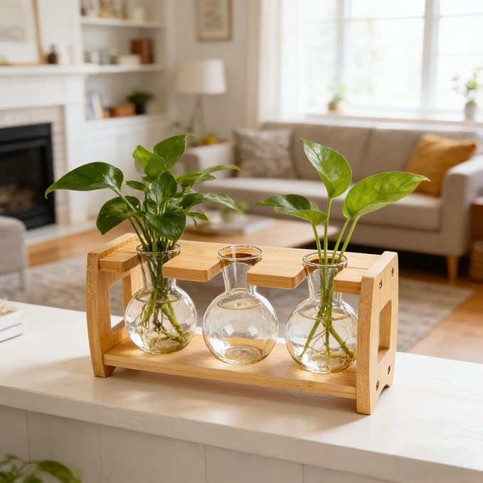 Pumtus 2 Pack Propagation Stations with Bamboo Stand, 8 Bulbs Desktop Water Plant Terrarium Vase, Retro Plant Propagation Jars for Indoor Plants, Glass Planter Gifts for Home Office Table Decor