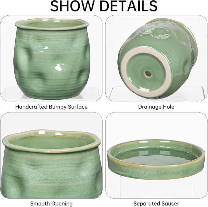5.7 inch Ceramic Pots for Plants, Plant Pot with Drainage Hole and Saucer Sage Green Ceramic Indoor Planter with Tray Decorative Flower Pots for Succulent, Cactus, Snake Plant, Herb Indoor Outdoor