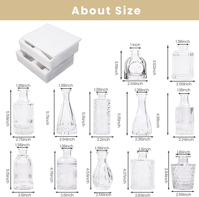 TBWIND Glass Bud Vases Set of 12, Small Vases for Centerpieces, Vintage Mini Vases for Wedding Decor, Clear Glass Bud Vase in Bulk, Office and Home Table Flower Décor