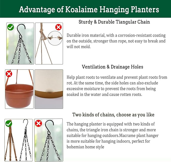 Koalaime 2 Pack Hanging Planters Set,10 Inch Indoor Outdoor Hanging Plant Pot Basket,Hanging Flower Pot with Drainage Hole with 3 Hooks for Garden Home(Caramel Hanger White Planters)