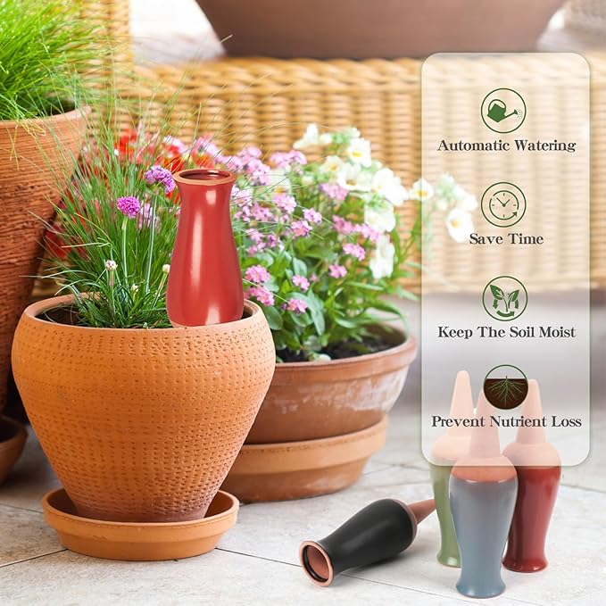 4 Packs Ollas Plant Watering Globes, 12 Oz Terracotta Self Watering Planter Insert, Automatic Watering Devices, Clay Drip Irrigation Stake for Indoor & Outdoor Plant, 1 Week Easy to Refill(Multicolor)