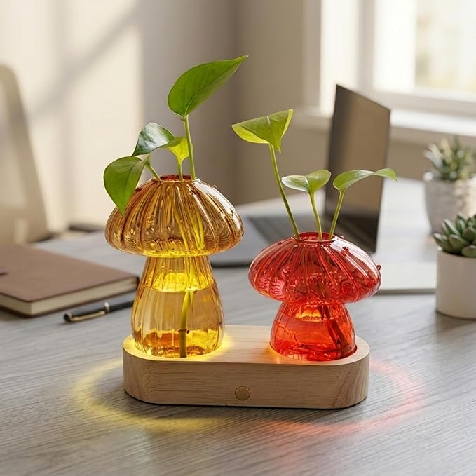 Propagation Vases,Mushroom Glass Propagation Stations with Stepless Dimming Function for Home Office Decor,Lighted Hydroponic Planter Jars Valentines Day Gifts for Mom Women Plant Lovers