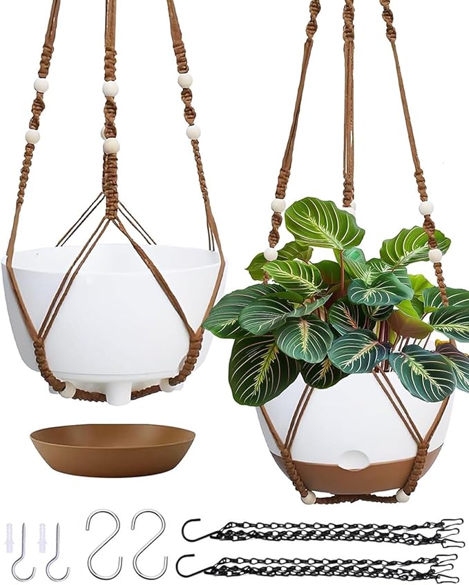 Koalaime 2 Pack Hanging Planters Set,10 Inch Indoor Outdoor Hanging Plant Pot Basket,Hanging Flower Pot with Drainage Hole with 3 Hooks for Garden Home(Caramel Hanger White Planters)