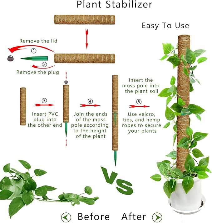 Moss Pole, 53.5 Inch Monstera Plant Support, Moss Sticks for Indoor Plants Climbing Coco Coir Pole, 4 Pack 17 Inch Stackable Moss Pole for Plants