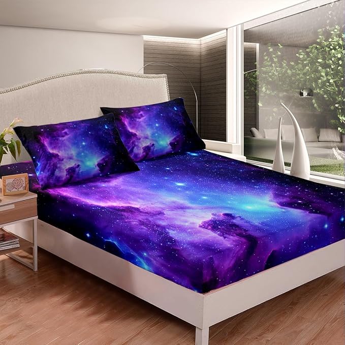 Feelyou Galaxy Bedding Set Kids Girls King Bed Sheets Outer Space Universe Starry Sky Sheet Set Teens Women Ultra Soft Purple Stars Decor Deep Pocket Fitted Sheet+ Flat Sheet + Pillow Case