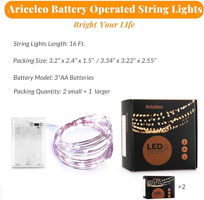 Ariceleo Led Fairy Lights Battery Operated, 2 Packs Mini Battery Powered Copper Wire Starry Fairy Lights for Bedroom, Christmas, Parties, Wedding, Centerpiece, Decoration (5m/16ft Cool White)