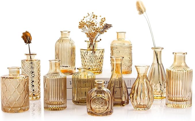 TBWIND Gold Amber Glass Bud Vases Set of 12, Small Vases for Flowers, Champagne Mini Vintage Vases for Centerpieces,Bud Vase in Bulk for Wedding Decor,Single Flowers,Office and Home Table Flower Décor