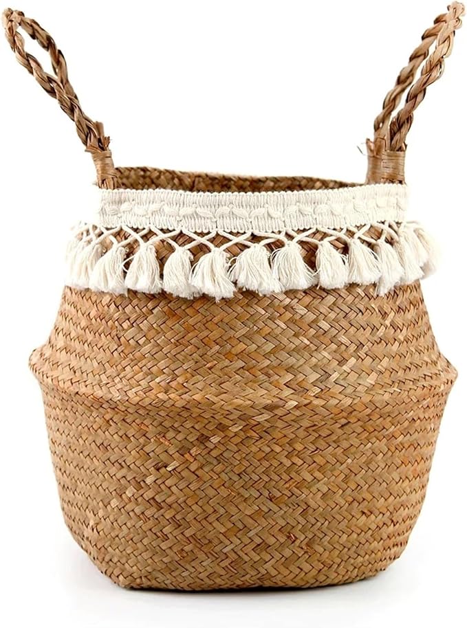 Snacko Handmade Bamboo Storage Baskets - Foldable Laundry Wicker Rattan Seagrass Belly Planter Baskets For Home Decor And Garden Use(Color 1,L 32cmX28cm)