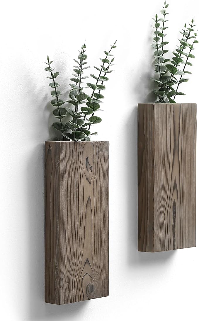 Wood Wall Planter Set of 2, Wood Wall Pocket for Greenery and Dried Flowers, Indoor Wood Hanging Vase, Modern Farmhouse Wall Decor for Living Room Bedroom Office Eucalyptus Stems Decorations (Grey)
