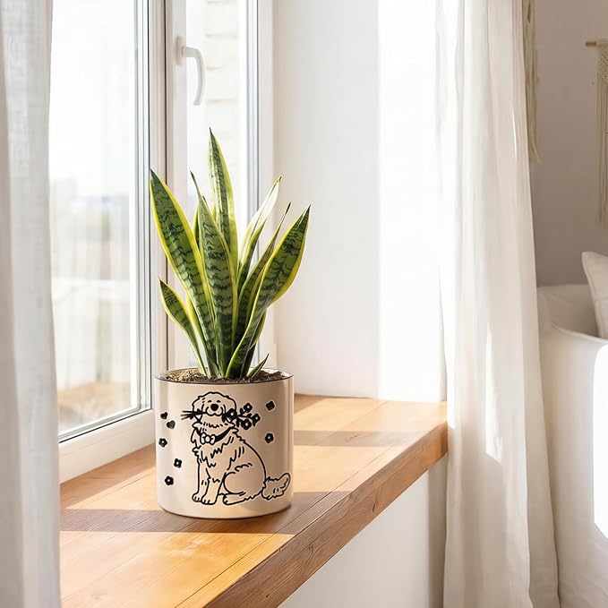 STHIE Indoor Plant Pot 5 Inch - Round Ceramic Planter with Drainage Hole, Hand-Painted Cute Flower Pot for Desktop Office Windowsill, Dog Lover Gift (Resting Dog)
