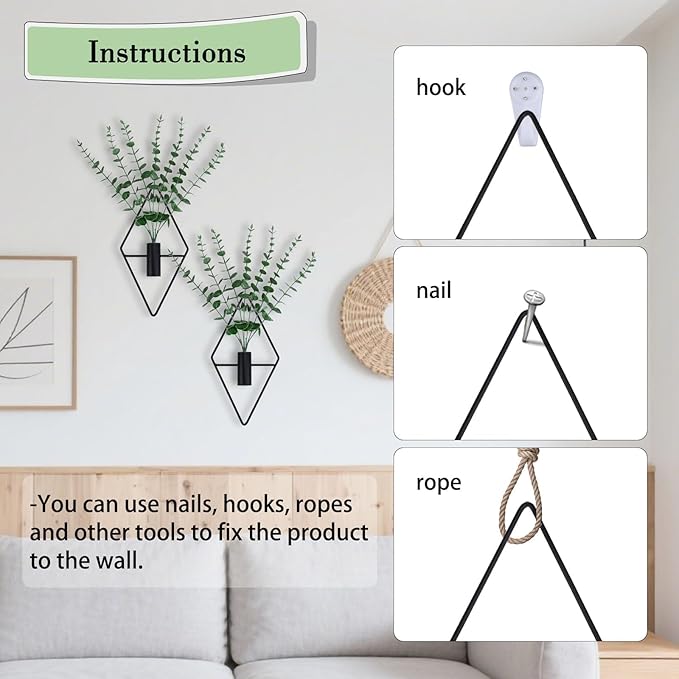 GREENTIME 2 Pack Hanging Plants Faux Eucalyptus with Black Diamond Metal Hanging Vase for Teacher Appreciation Living Room Bedroom Boho Kitche Wall Shelf Outdoor