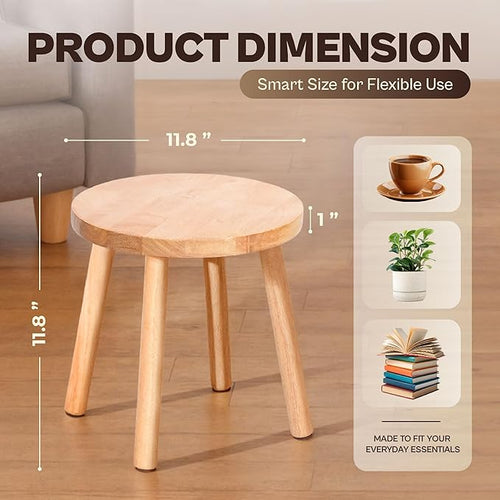 11.8" Wooden Stool Small Round, Solid Wood Plant Stand Indoor, Mini Wood Side Table for Living Room Bedroom Bathroom, Rustic Farmhouse Decorative Stool (Natural)