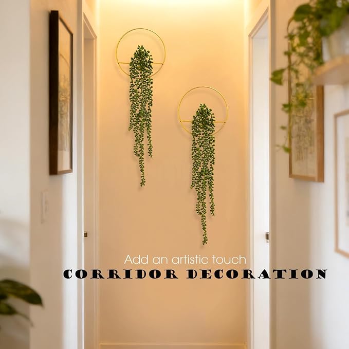 GREENTIME 2 Pack Fake Succulent Plants Hanging Artificial Ivy Vine with Gold Round Metal Hanging Vase Faux String of Pearls for Teacher Appreciation Living Room Bedroom Boho Kitche Wall Shelf Outdoor