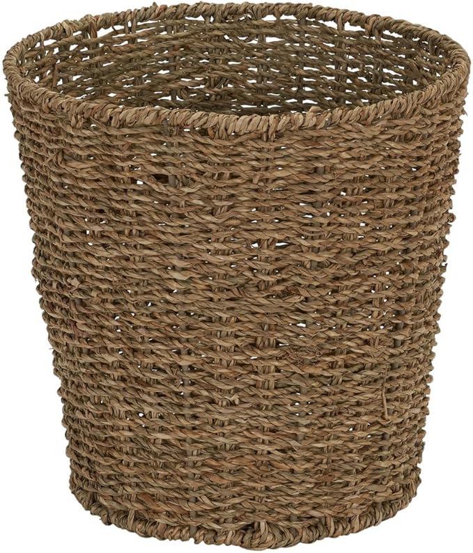 Household Essentials Seagrass Wicker Waste Basket, Handwoven Waste Bin with Metal Frame, Perfect for Bathrooms and Bedrooms,