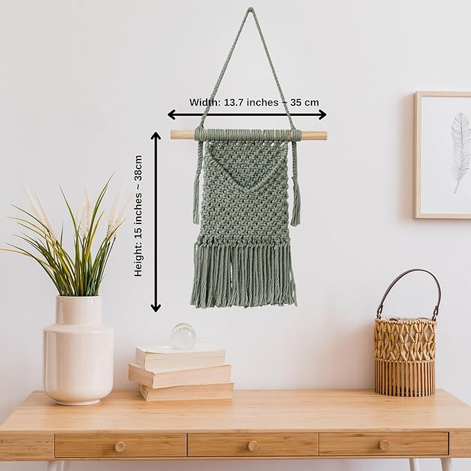 BIMIVAN Macrame Wall Hanging Basket Decor - Boho Wall Basket Decor - Large Wall Art - Mail Organizer Wall Mount - Key And Letter Holder For Wall - Sage Green 13 x 15 inches