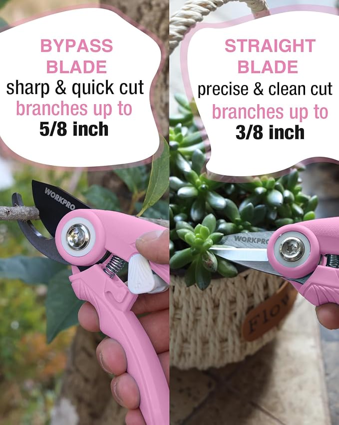 WORKPRO 2-Pack 6.9" Garden Pruning Shears, Bypass & Straight Gardening Scissors with SK5 Steel Blade, Handheld Garden Floral Clippers for Rose, Plants, Flowers, Gardening Gifts for Women, Pink Ribbon