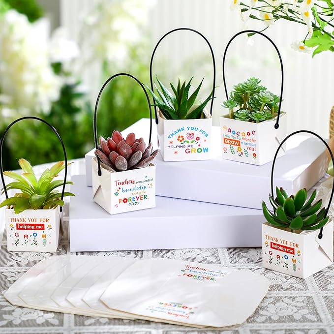 Dansydaisy 32 Pcs Teacher Appreciation Gift Succulents Wraps Bags Thank You for Helping Me Grow Valentine's Day Gift for Teacher Succulents Pots with Handle Paper Plants Baskets Bulk Decorations