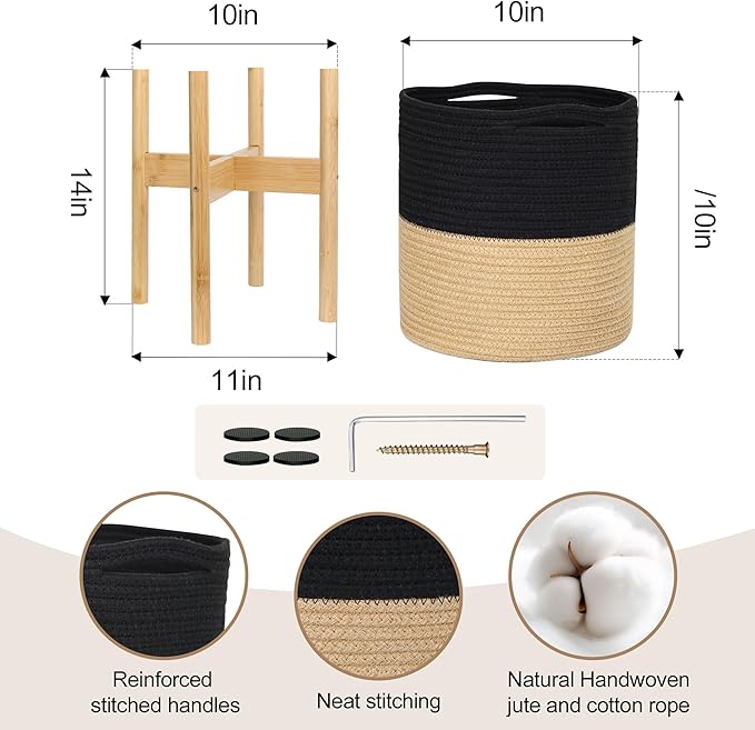 Plant Basket with Stand, Indoor Round Wicker Basket Plant with Bamboo Wood Stand, Decorative Black Woven Cotton Rope Flower Indoor Planter with Legs, Boho Bamboo Wood Planter Holder