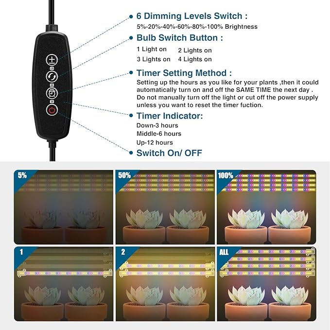 Mosthink Grow Lights Full Spectrum, LED Grow Lights Strips for Indoor Plants,Plant Lights with Auto On Off Timer 3 6 12H,5500K Dimmable Plant Growing Lamp with 204 White Red Blue LEDs, 4 Packs in 1