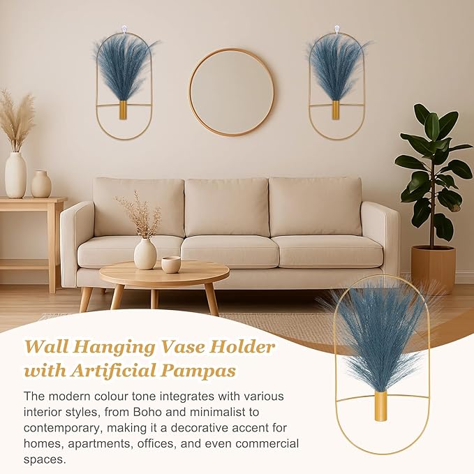 uxcell 4 Pcs Wall Decor Metal Gold Wall Art Hanging Planters with Artificial Pampas, Wall-Mounted Decor Metal for Display Artwork Plant Hanging Living Room Bedroom, Blue (Oval)