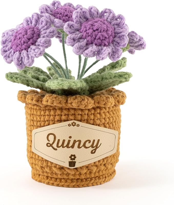 Crochet Flowers with Personalized Leather Name Tag Handmade Knitted Flowers for Home Office Desk Decor Crochet Daisy Potted Plant Crochet Gift for Women,Mom,Teacher, Friend, Birthday(Purple)