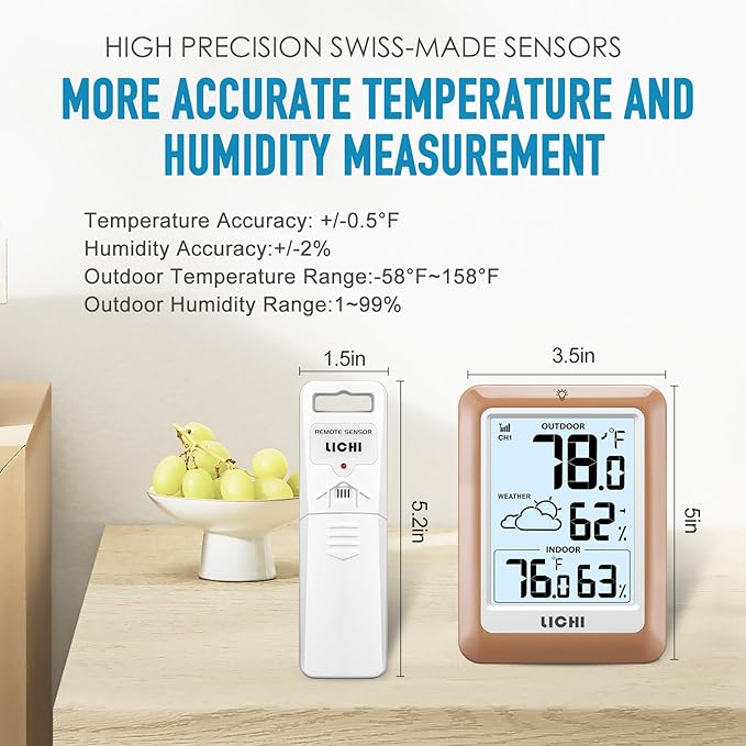 Indoor Outdoor Thermometer Wireless Weather Station, Internal External Thermometer Hygrometer, Home Batteryoperated Temperature Humiditymonitors330 Feet (About 100 Meters) Backlight Display (Khaki)