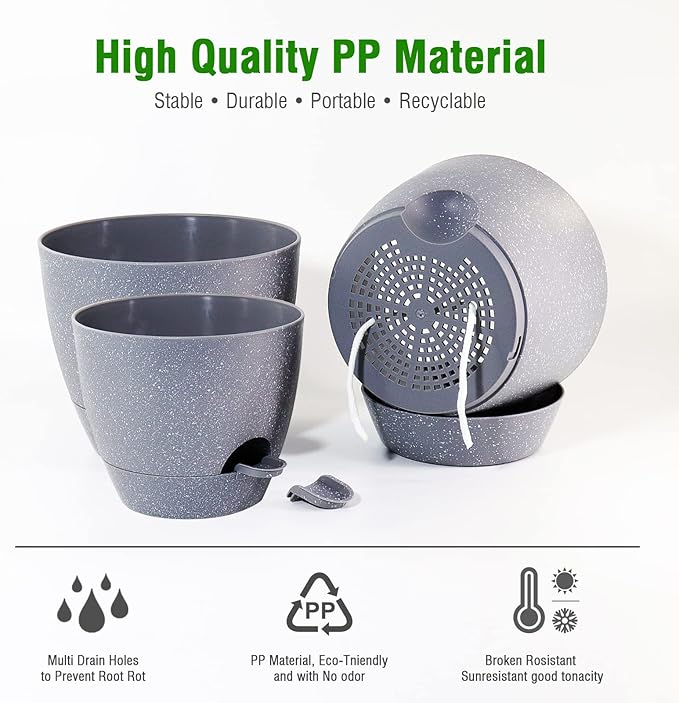 UOUZ Large Self Watering Pots, 12/10/9 Plastic Planters with High Drainage Holes and Deep Reservoir for Indoor Outdoor Garden Plants and Flowers, Grey Speckles