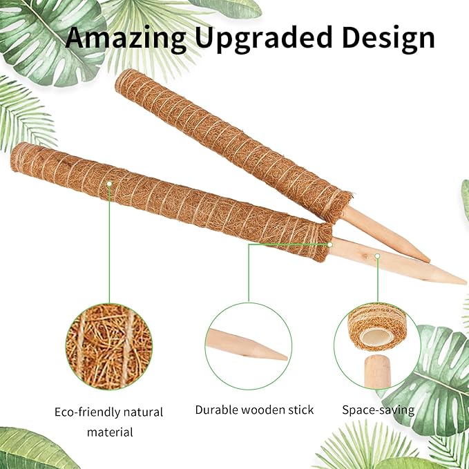 JJGoo Moss Pole for Plants Monstera, 2 Pack 23.6 inch Plant Support Pole, Extendable Coir Totem Pole for Potted Plants Pothos,Train Indoor Climbing Plants to Grow Upwards - Extends to 40.6 Inches