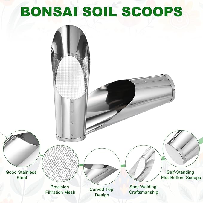 M METERXITY 1-Set Bonsai Soil Scoops, 2.4inch/6cm Stainless Steel Garden Soil Scoop Bucket Shovels and Soil Sifter for Transplanting/Flower Planting, Small Gardening Tool [Silver Tone]