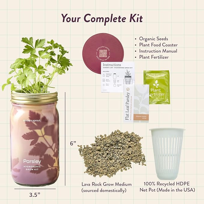 Modern Sprout Mason Garden Jar - Self-Watering Hydroponics Growing System Kit with Organic Herb Seeds - Jar Planter for Indoor Herb Garden - Seed Starter Kit - Home Decor & Gifting - Parsley