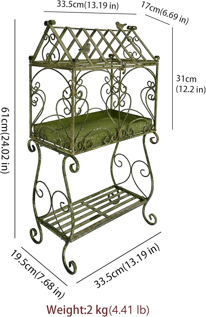 Vintage 2-Tier Metal Plant Stand House Shape Planter, 24"H Distressed Green Plant Holder Decorative Planter Shelf for Ferns, Succulents, Air Plants, Small Potted Plants, Farmhouse Indoor Home Decor