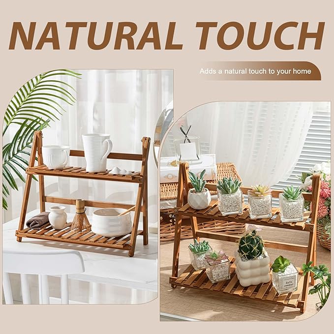 Yalikop Matcha Station Shelf,15.7'' Coffee Station Organizer, 2 Tiers Bamboo Mug Holder Countertop,Desktop Flower Pot Rack for Home Living Room Window Sill Foldable Display Storage Shelf (Brown)