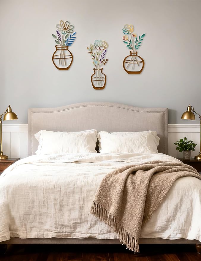 3 Piece Metal Flower Wall Decor Set - Rustic Colorful Flowers Wall Art with Butterfly and Berries, Farmhouse Metal Wall Art for Bathroom, Kitchen, Living Room, Bedroom - Modern Home Decorations Walls Hanging Sculptures Housewarming Gift