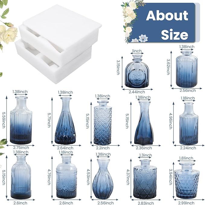TBWIND 12Pcs Blue Glass Bud Vases Set, Small Vases for Flowers, Perfect for Centerpieces at Parties, Baby Showers, Weddings, Events, Graduation Season, Great Gifts for Office & Home Décor