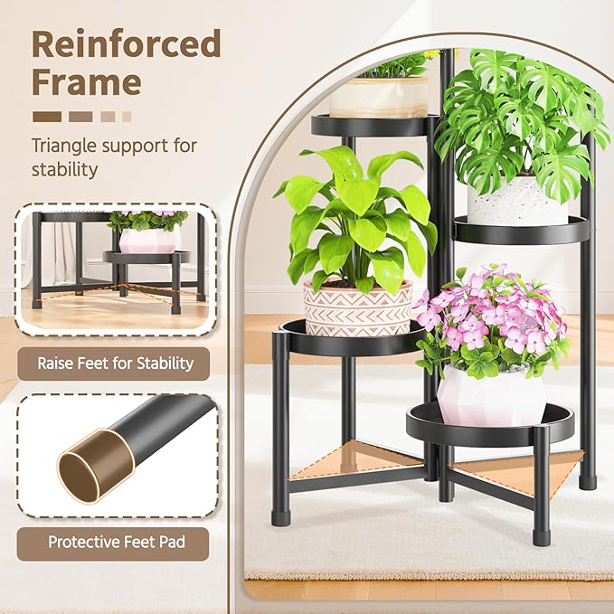 LASZOLA 5 Tiered Folding Tall Plant Stand Indoor for Multiple Large Planter, Heavy Duty Metal Adjustable Flower Rack for Narrow Corner, Sturdy Vertical Spiral Shelving Holder for Modern House, Black