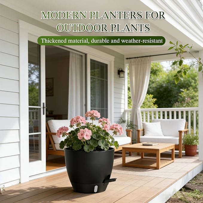 Self Watering Pots with Drainage Holes, 2 Pack 10 Inch Plant Pots with Water Level Indicator Deep Reservoir, Large Plastic Planter for Indoor Outdoor Plants - Black