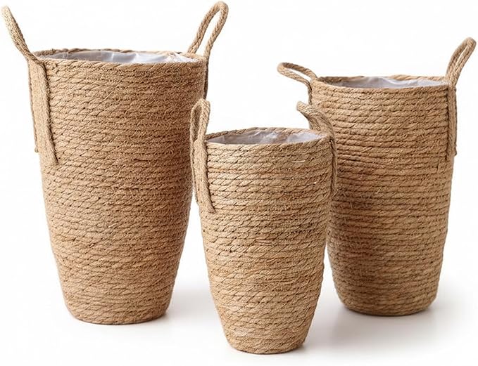 Woven Basket for Plant, 3PCS Rattan Planter, 3 Sizes Seagrass Woven Plant Basket with Waterproof Liner, Baskets Indoor with Handle for Balcony Home Decoration