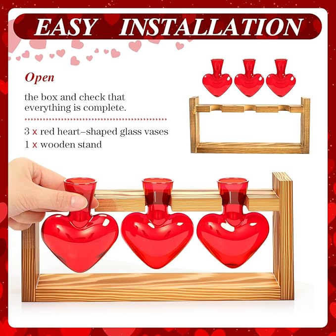 Remerry Red Heart Plant Terrarium with Wooden Stand 3 Heart Glass Vases Planter, Tabletop Propagation Hydroponics Station, Mother's Day Plant Lovers Gift