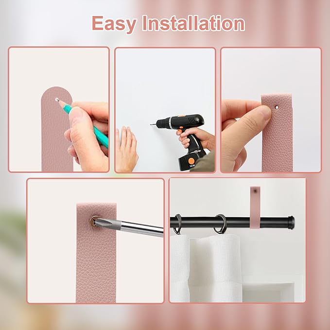 Curtain Rod Holders,Set of 8 Leather Curtain Rod Hooks with Screws,PU Curtain Rod Hangers Stylish Leather Straps Hooks for Wall Pole Macrame Boho Art Décor (8, Pink)