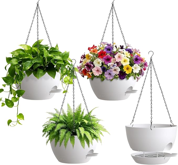 UOUZ 4 Pack 8 Inch Self Watering Hanging Planters for Indoor Outdoor Plants，Hanging Pots for Plants with Drainage Removable Tray, Hanging Baskets Flower Pots for Ivy Pothos Spider Garden Porch White