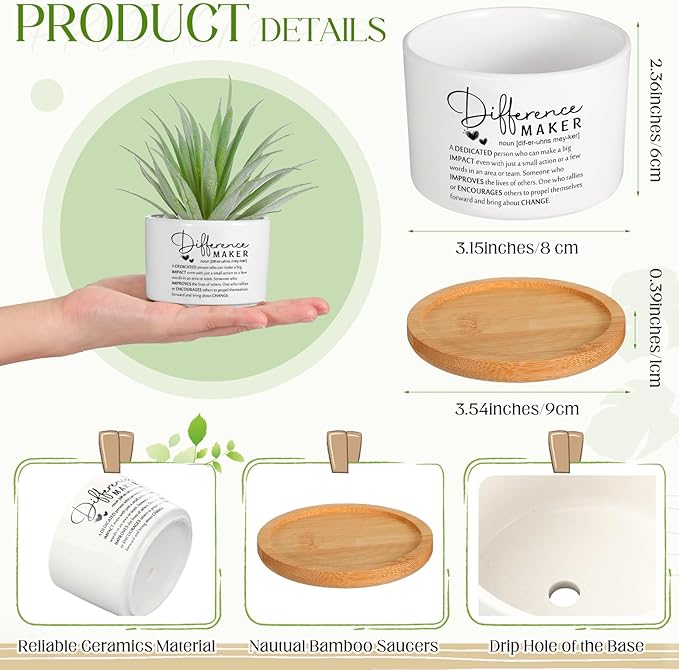 12 Pcs Difference Maker Employee Appreciation Gifts Succulent Pots Bulk Inspirational for Coworker Team Small Ceramic Plant Pots with Bamboo Trays for Office Staff Women Men