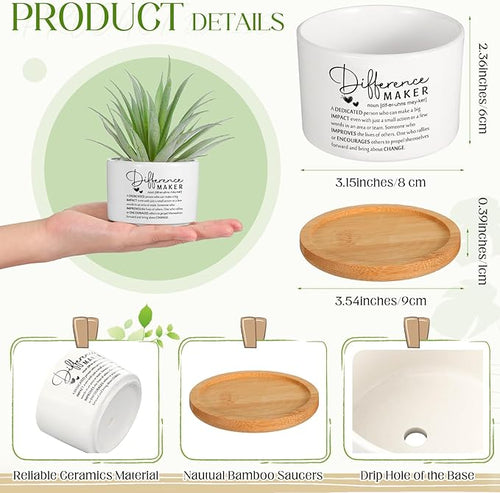 12 Pcs Difference Maker Employee Appreciation Gifts Succulent Pots Bulk Inspirational for Coworker Team Small Ceramic Plant Pots with Bamboo Trays for Office Staff Women Men