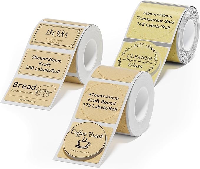 NIIMBOT Thermal Label Tape 3 Rolls, Compatible with B1/B2/B21/B31 Label Maker, Multi-Size Pack (50x50mm, 41x41mm, 50x30mm) for Baking, Cosmetics, Jars, Gifts, Logos & File Organization Stickers