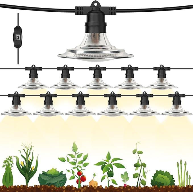 Espird Outdoor LED Grow Lights for Greenhouse 12-Light Waterproof String Grow Light, Full Spectrum LED Plant Grow Light Lamp, Waterproof Greenhouse Grow Lights for Seedling, Veg, Flower