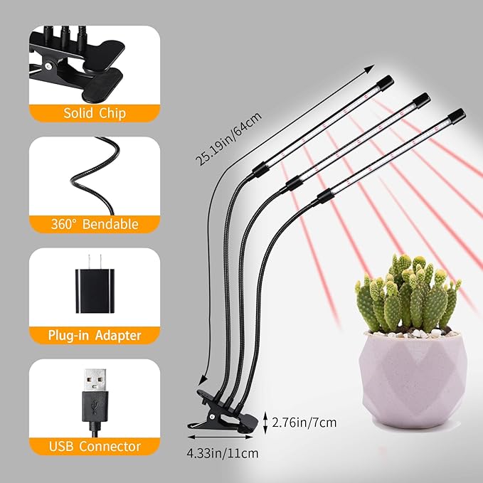 Black Clip Grow Lights for Indoor Plants, 168 Full Spectrum LEDs Clip Plant Growing Lamps with Flexible Gooseneck and 4/8/12h Timer, 3 Spectral Modes, 10 Dimmable Levels (4 Head 1 Pack)