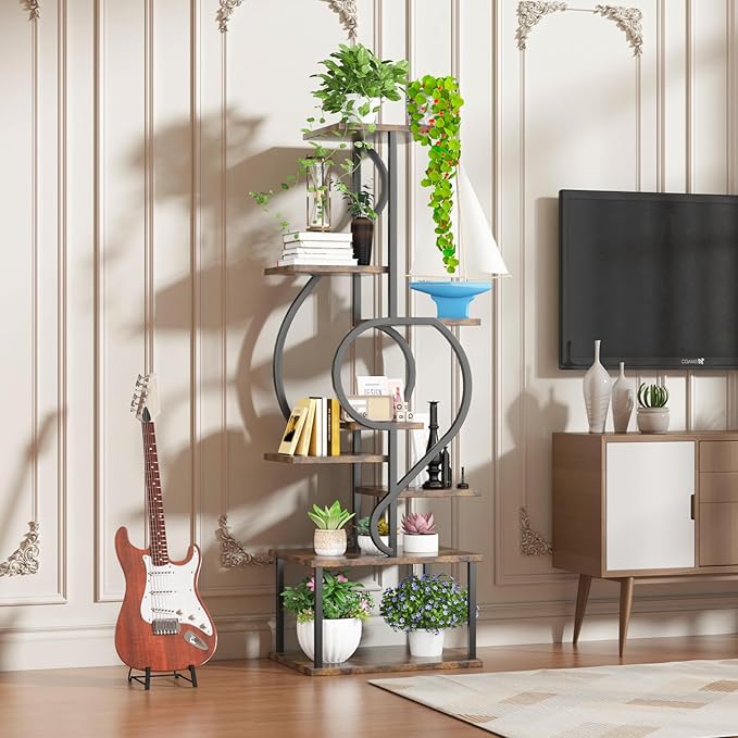 YAKANJ Plant Stand Indoor with Grow Light,8 Tiered Indoor Plant Stand,58" Tall Plant Flower Shelf,Creative Note Shaped Plant Holder for Home,Patio,Brown